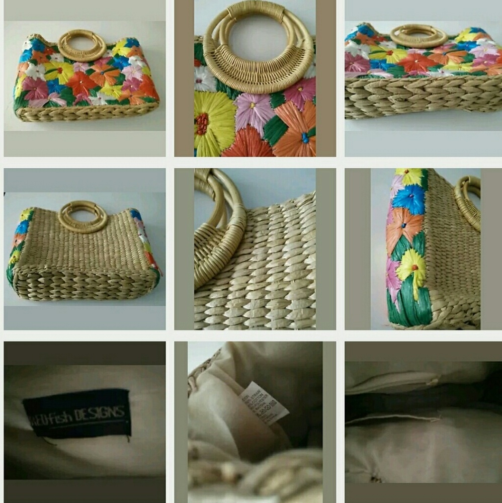Embroidered Floral Raffia Tote Bag w/ Rattan - Picture 2 of 2